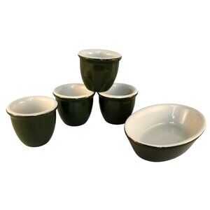 Vintage Hall Pottery Cups & Oval Dish Set Olive Green White USA Made